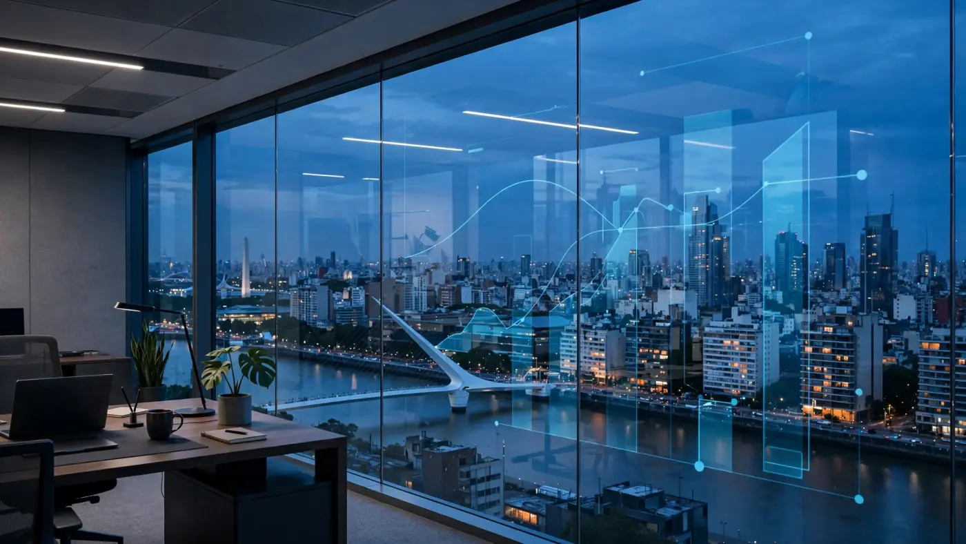Vista del horizonte de Buenos Aires al atardecer desde una oficina con reflejos de gráficos en el vidrio