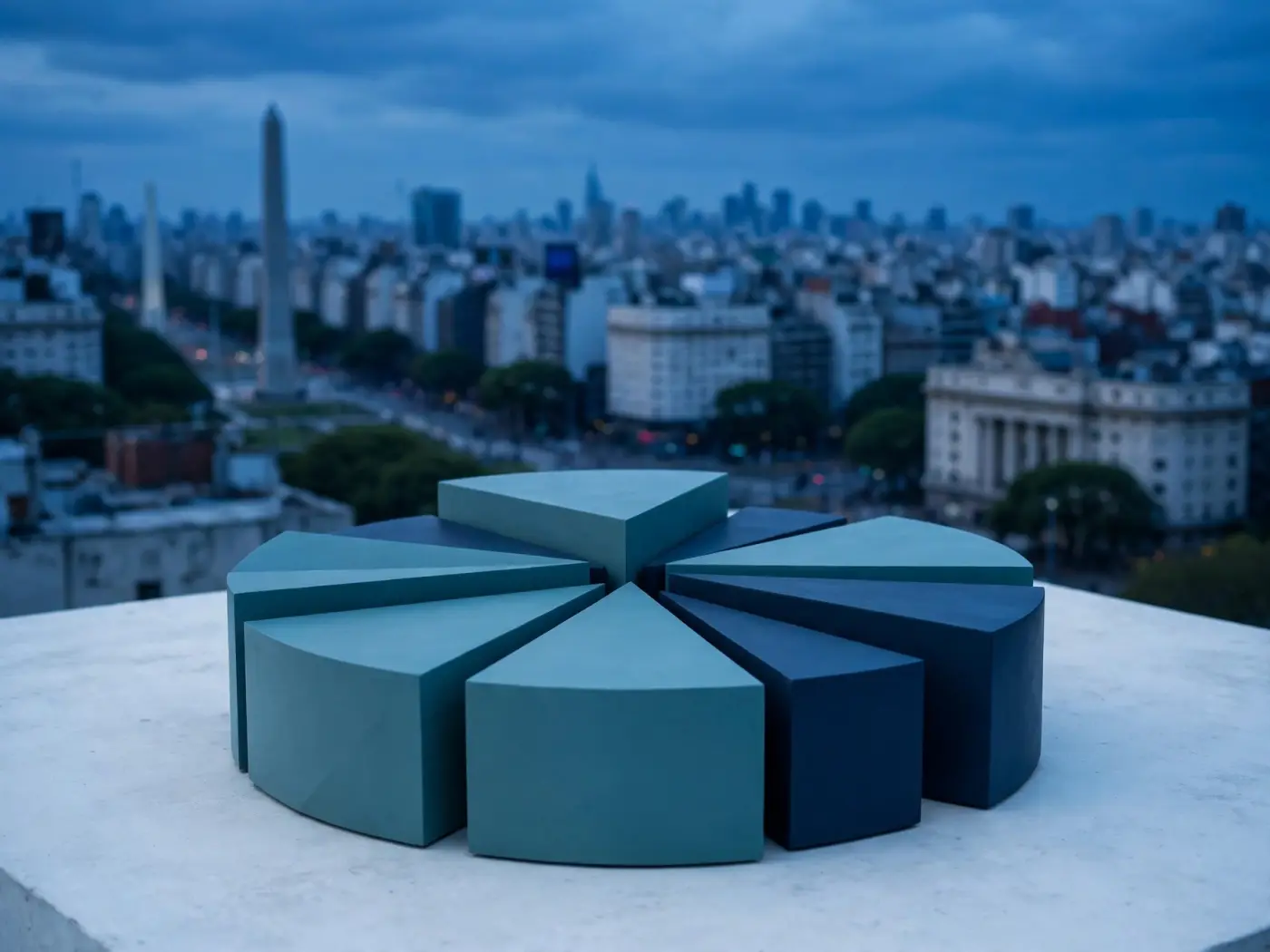 Escultura geométrica abstracta de gráfico circular en tonos verde azulado y azul marino sobre superficie blanca